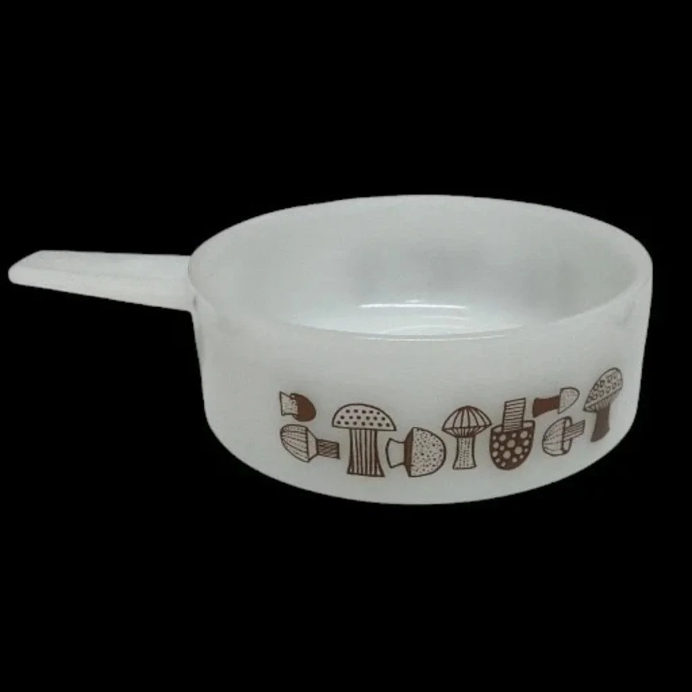 Glasbake Ovenware Milk Glass Soup Bowl w/Handle Mushroom Design J-2639 EUC